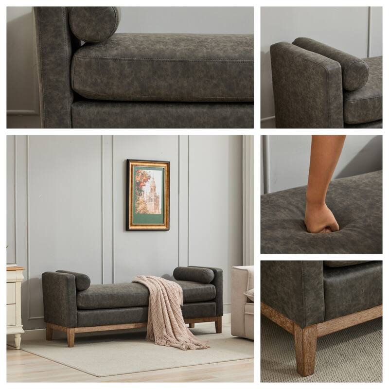 Elegant Upholstered Bench Ottoman with Wood Legs and 2 Bolster Pillows