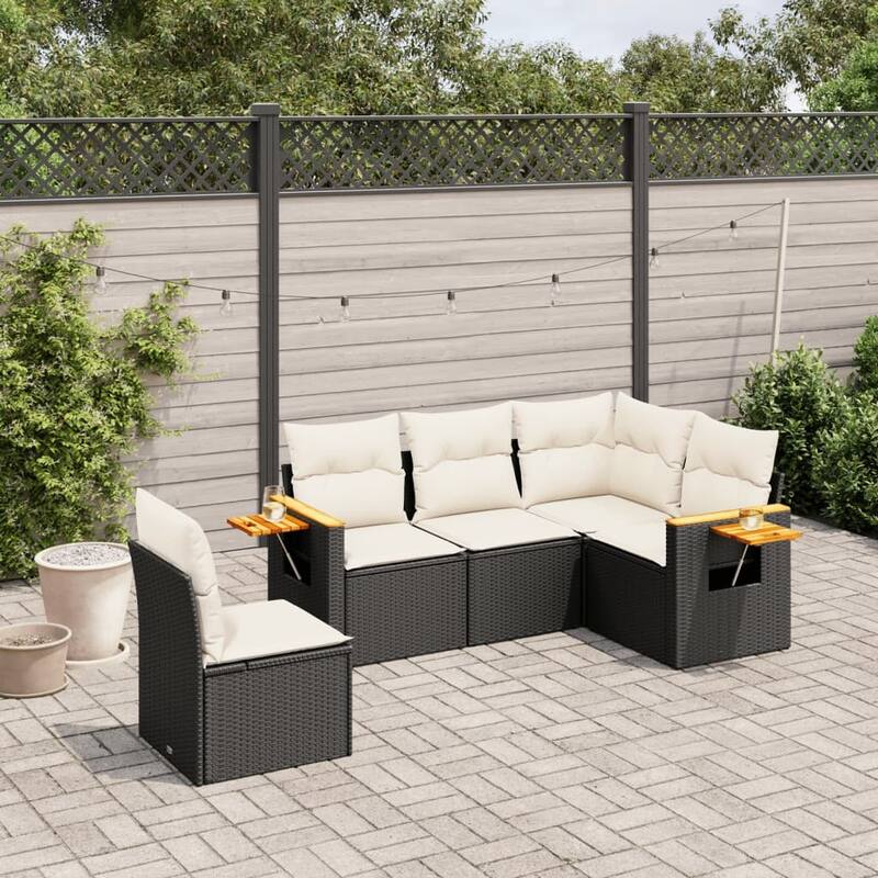 vidaXL Patio Sofa Set with Cushions Outdoor Conversation Furniture Poly Rattan - Black and cream without table - 24.4 x 33.5 x 27.2 in