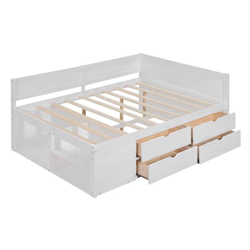 Pine Wood Daybed Frame with 4 Storage Drawers & Shelves