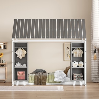 Wooden Slat Roof House Bed Kids Floor Bed Frame with 2 Movable Wardrobes, Panel Bed with Fence and Roof