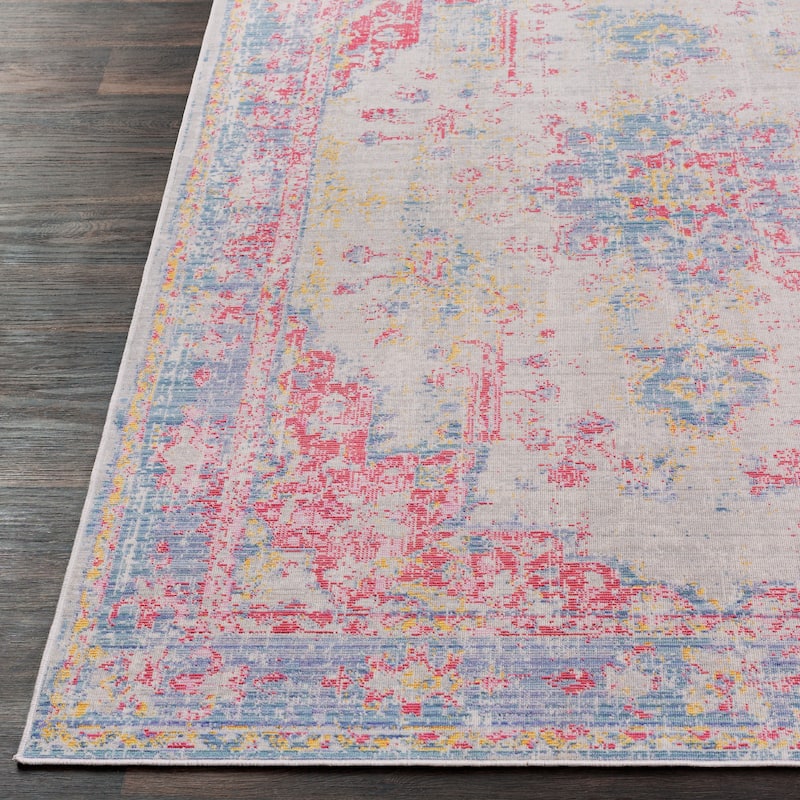 Vintage Distressed Oriental Pink and blue Runner Rug - 3' x 7'10" Runner