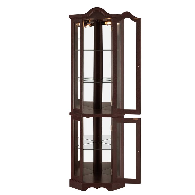 Lighted Glass Display Curio Cabinet, Curved Wood Corner Cabinet, China Cabinet with Tempered Glass Doors & Shelves