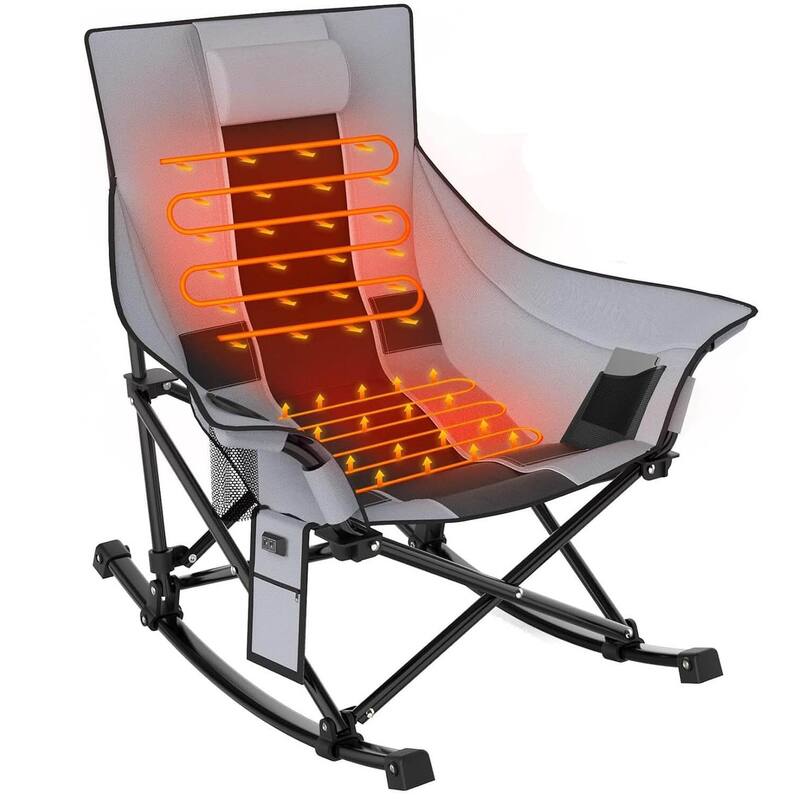 Oversized Heated Camping Chair, Rocking Camping Chair Portable Folding Heated Chairs, Grey&Black, Power Bank Not Included - Grey