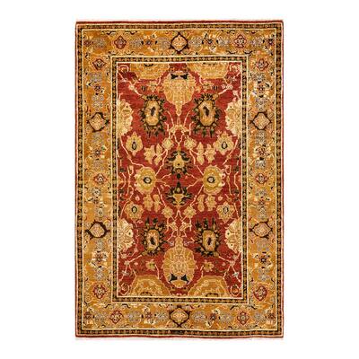 Overton Handknotted Wool Contemporary Floral Orange Area Rug - 5' x 8'