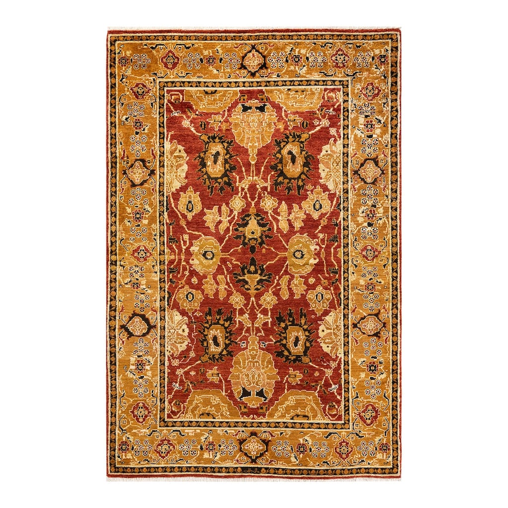 Overton Handknotted Wool Contemporary Floral Orange Area Rug - 5' x 8'
