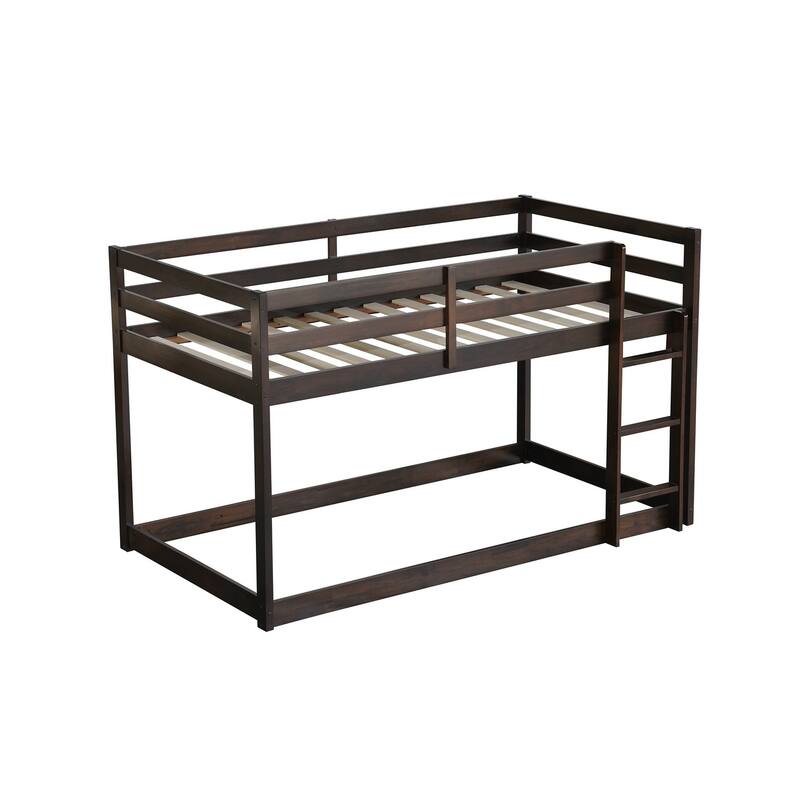 Wooden Twin over Twin Floor Bunk Bed with Ladder, with Bed Platform of Strengthened Slats