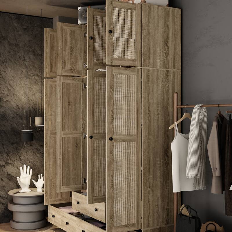 Natural Charm Wooden Armoire - Breathable Rattan Design Ample Storage