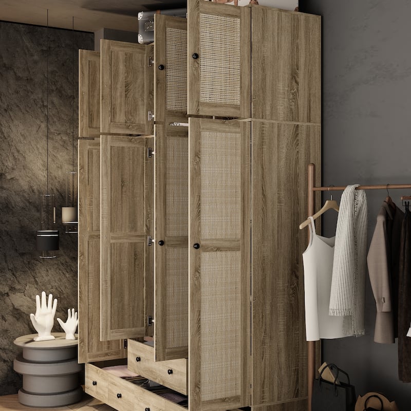 Rattan-Accented Wardrobe - Spacious Clothing Organizer with Style