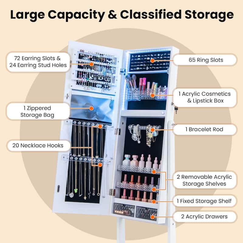 Costway LED Mirror Jewelry Cabinet Organizer Armoire Standing with - See Details