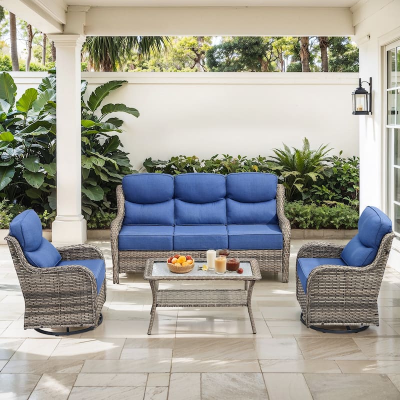 Gymojoy 4-Piece Patio Furniture Set with Swivel Glider Chairs, 6-Inch Ultra-Plush Cushions & Water-Resistant Olefin Fabric - Grey Wicker / Blue Cusion - 4-Piece