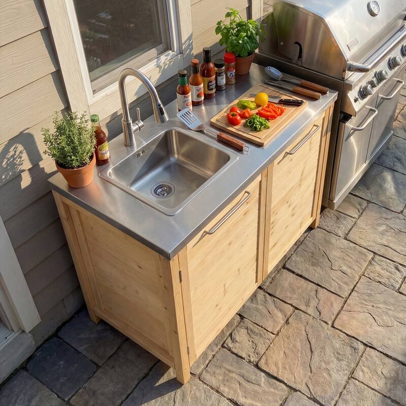 Modular Outdoor Kitchen Island Set, 100% Solid Wood BBQ Cabinet , Patio Kitchen Bar Table