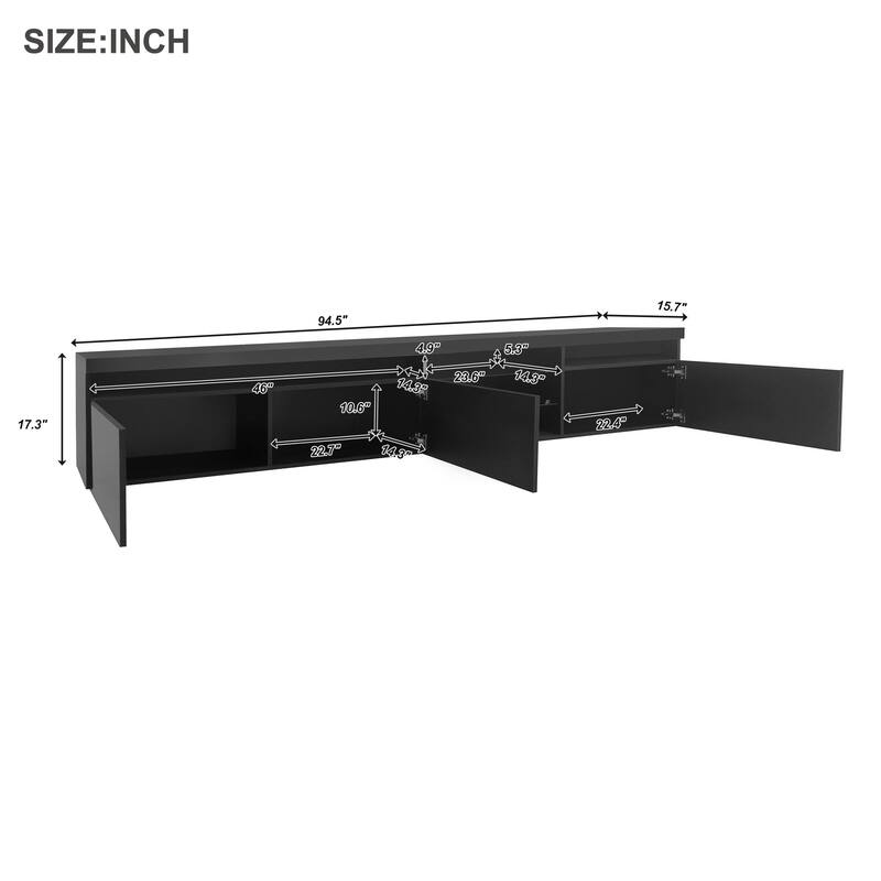 Roomfitters TV Stand, LED Media Console with Glass Shelves, Ample Storage for TVs Up to 105", Modern Black