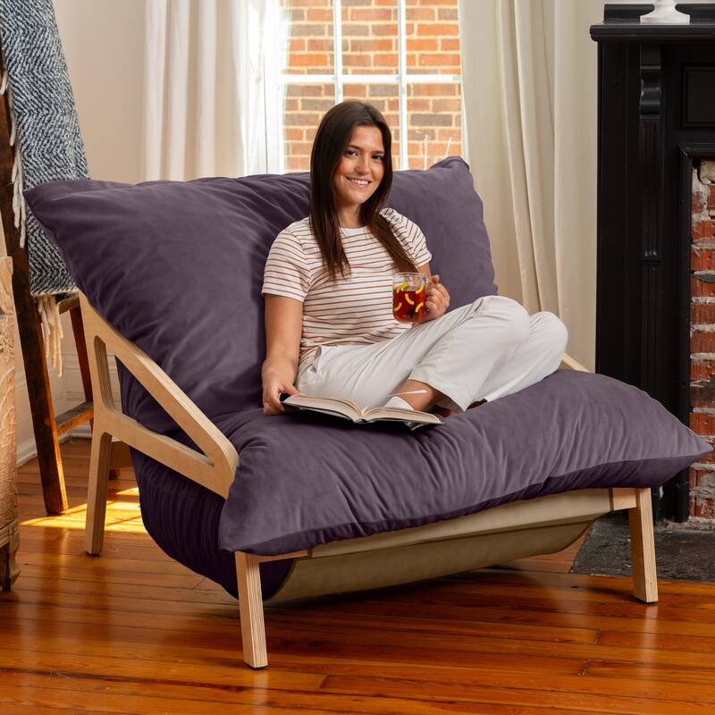 Pillow Saxx Dream Lounger with Wood Frame - 3-in-1 Bean Bag - Lush Velvet Purple