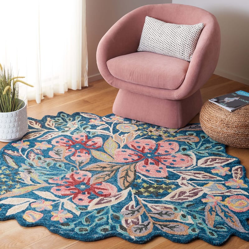 SAFAVIEH Handmade Jardin Emeraude Floral Wool Rug - 5' Round - Blue/Pink