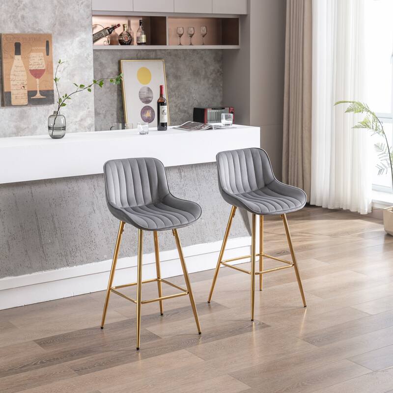 Set of 2 26" Counter Stools, Gray Velvet Fabric with Chrome Footrest & Gold Legs