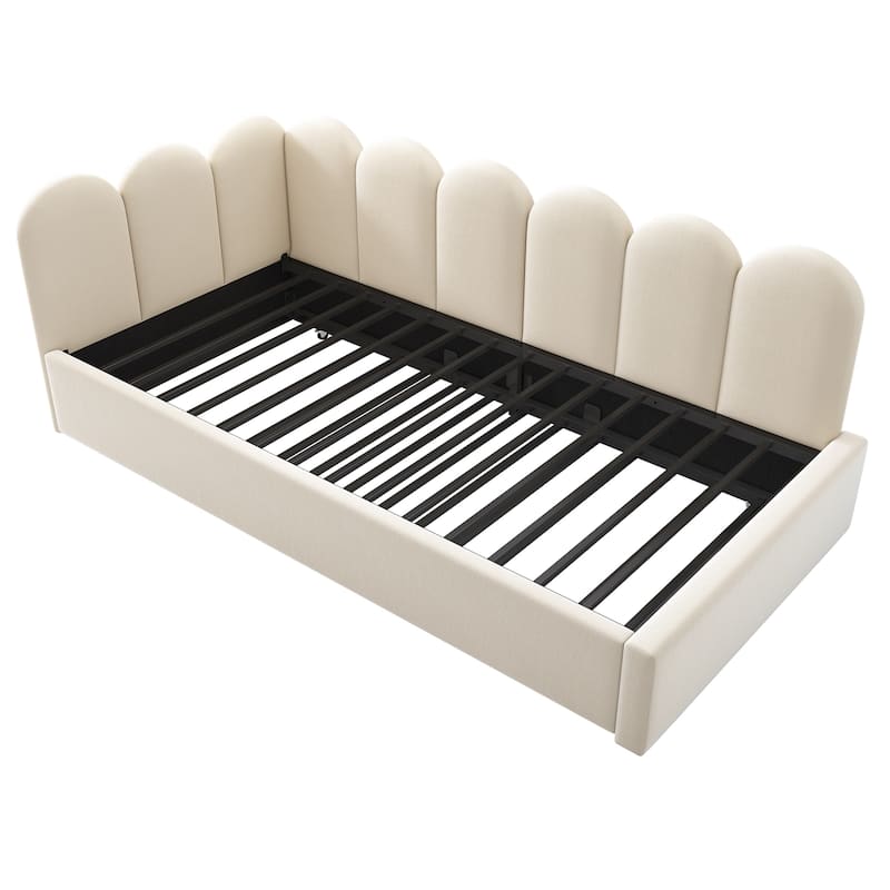 L Shape Daybed Twin Size Upholstered Platform Bed with Trundle, Interchangeable Side Panels and Metal Slatted Frame