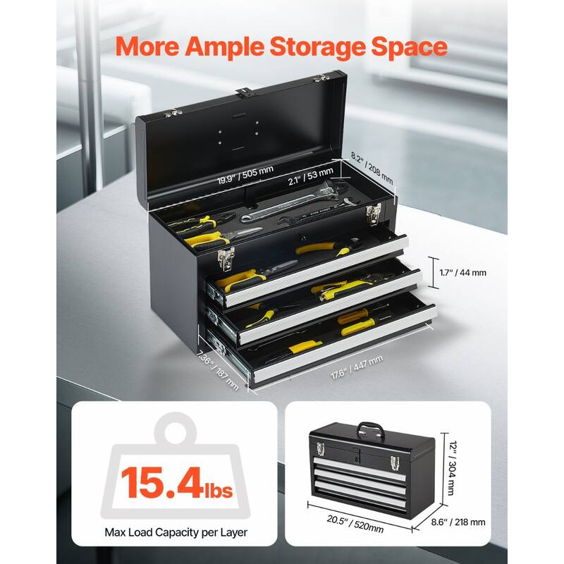 20.5 Inch Black Metal Portable Toolbox with 3 Drawers and Built In Lock Hole - 20.5 x 8.6 x 12 in