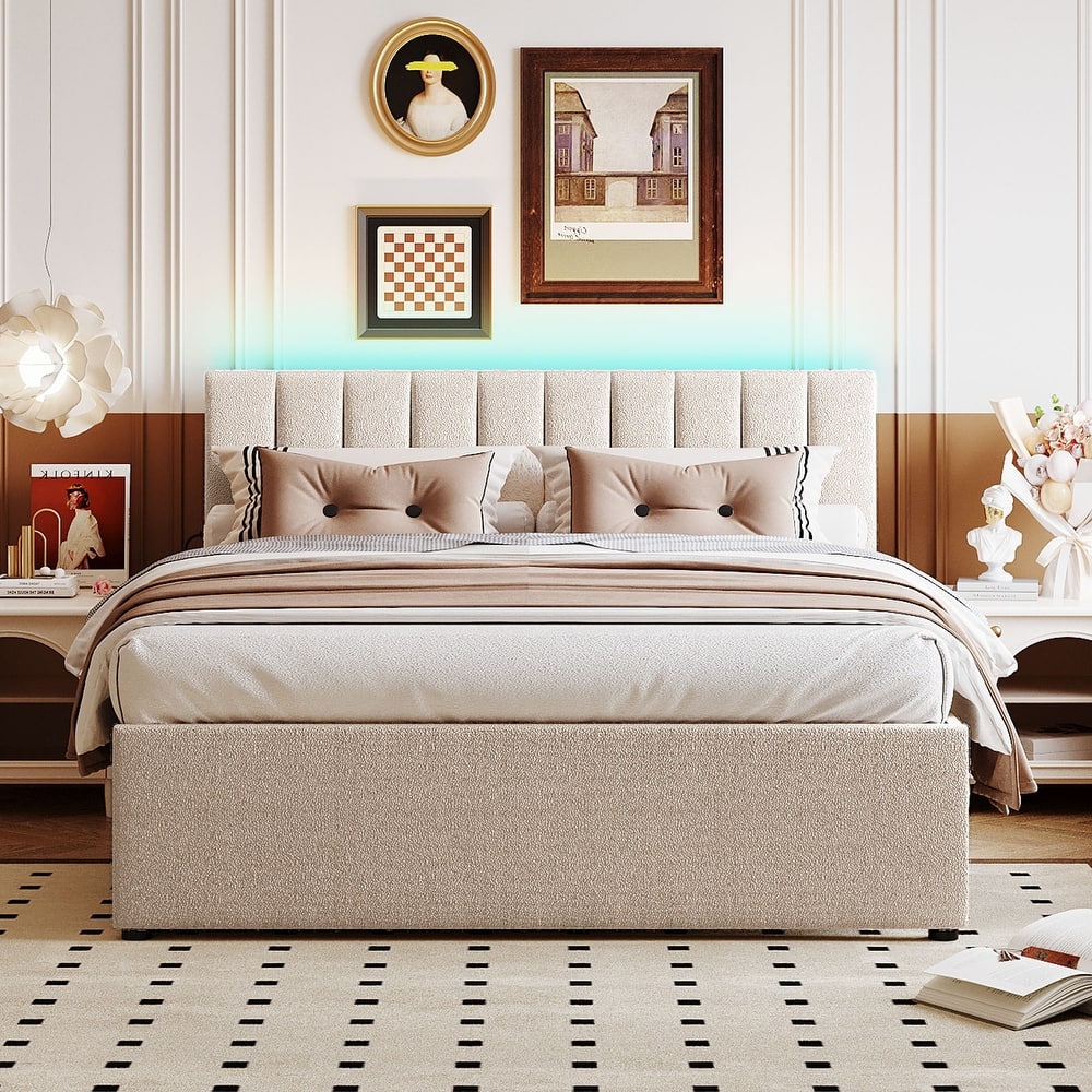 Teddy Fleece Upholstered Platform Bed with Remote Control LED Lights Stripe Headboard, Panel Bed w/Pull-out Trundle Bed
