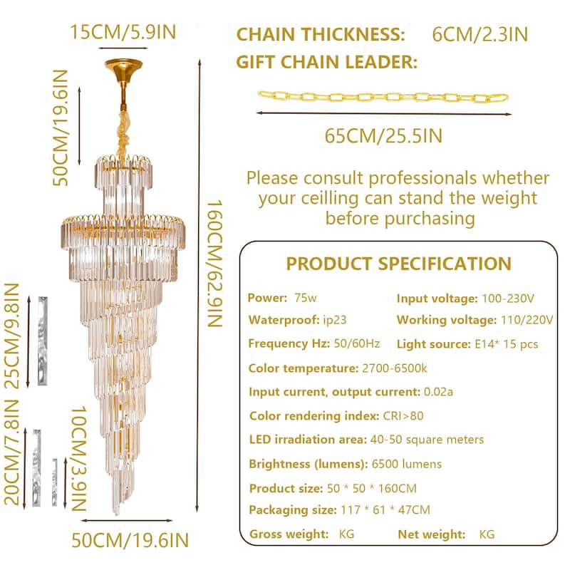 Extra Large Long Grand Spiral Crystal Chandelier Ceiling LED Tiered Pendant Light with Gold Frame