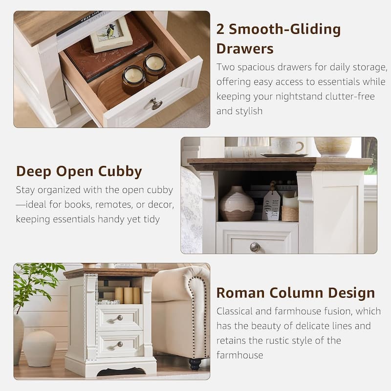 Farmhouse Nightstand with Charging Station, End Table with 2 Drawers