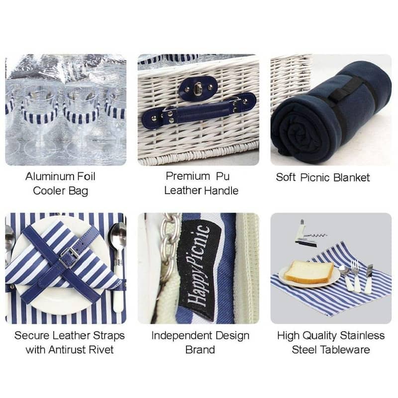 Picnic Basket Willow for 4 Persons, Large Wicker Hamper Set with Big Insulated Cooler Compartment with Waterproof Backing