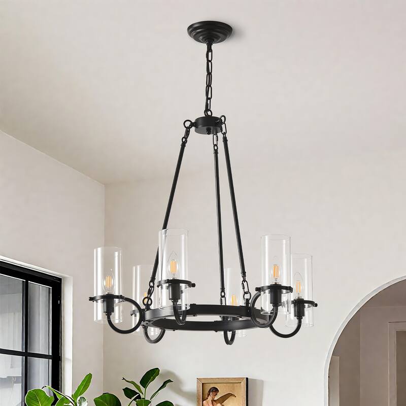 Farmhouse 6 - Light Wagon Wheel Chandelier, 24.8" D, Black Metal Frame with Clear Glass Shades - Matte Black