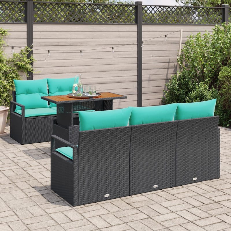 vidaXL 6 Piece Garden Sofa Set with Cushions Black Poly Rattan - 68.9×24.4×27.2