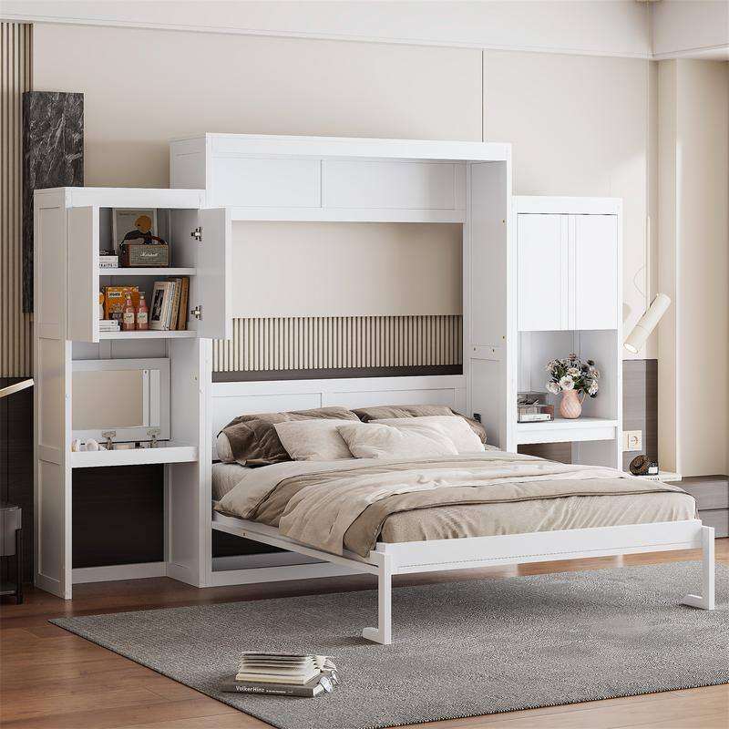 Queen Size Murphy Bed Wall Bed with Desk, Mirror and Vanity, Wooden Foldable Murphy Cabinet Bed with Storage Cabinets - White