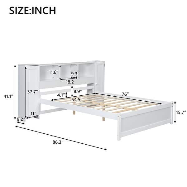 dimension image slide 0 of 2, Full Size Platform Bed with Storage Headboard, 3 Shelves, 2 Side Lockers, Solid Pine Wood Frame, No Box Spring Required, Grey
