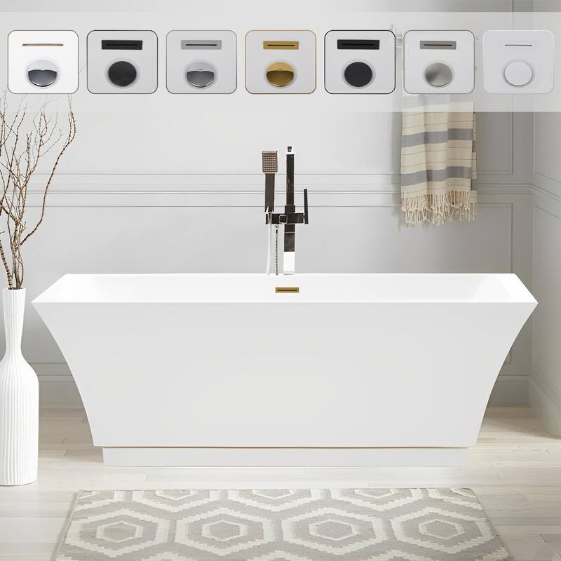 Vanity Art 59" Freestanding Acrylic Soaking Bathtub with Slotted Overflow & Pop-up Drain - 59/Soaking - White/Titanium Gold