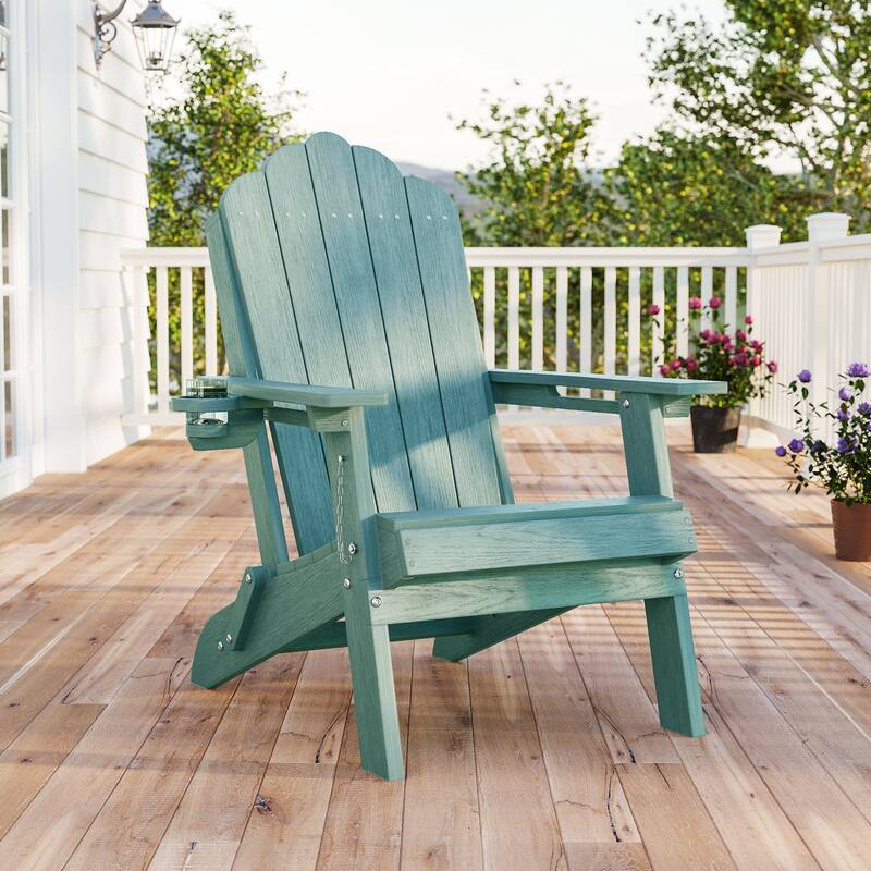 Foldable HDPE Adirondack Chair All-Weather W/ Cup Holder - LakeBlue - 1-Piece