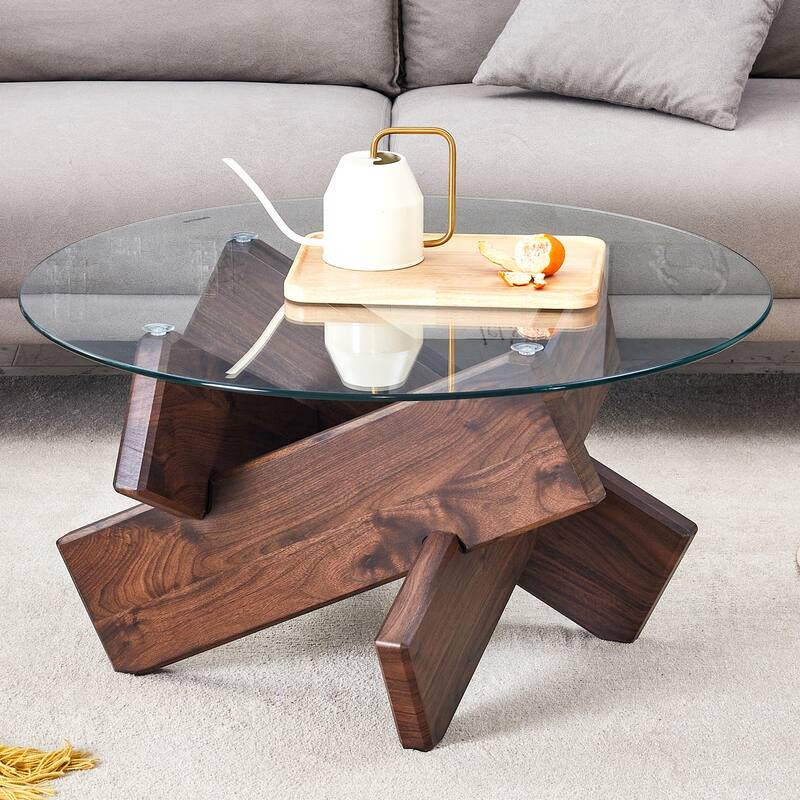 GDFStudio Lysander Tempered Glass Coffee Table with Wood Legs