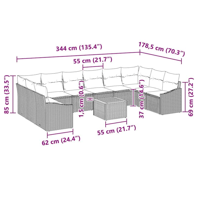 vidaXL 11 Garden Sofa Set with Cushions Black/Grey Poly Rattan - 135.4 x 70.3 x 27.2