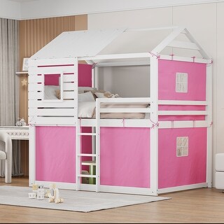Full Size Wooden Bunk House Bed with Tent, Playhouse Design, Windows, Roof, and Spacious Under-Bed Space - Pink and White