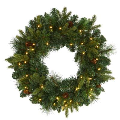 24" Mixed Pine Christmas Wreath with 35 Clear LED Lights