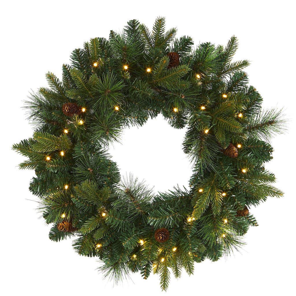 Pre-Lit Mixed Pine and Pinecones Artificial Christmas Wreath, 24-Inch, Clear LED Lights