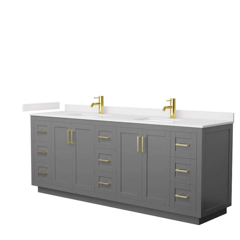 Miranda 84-inch Double Vanity, Quartz Top - Dark Gray, Gold Trim, White Quartz Top