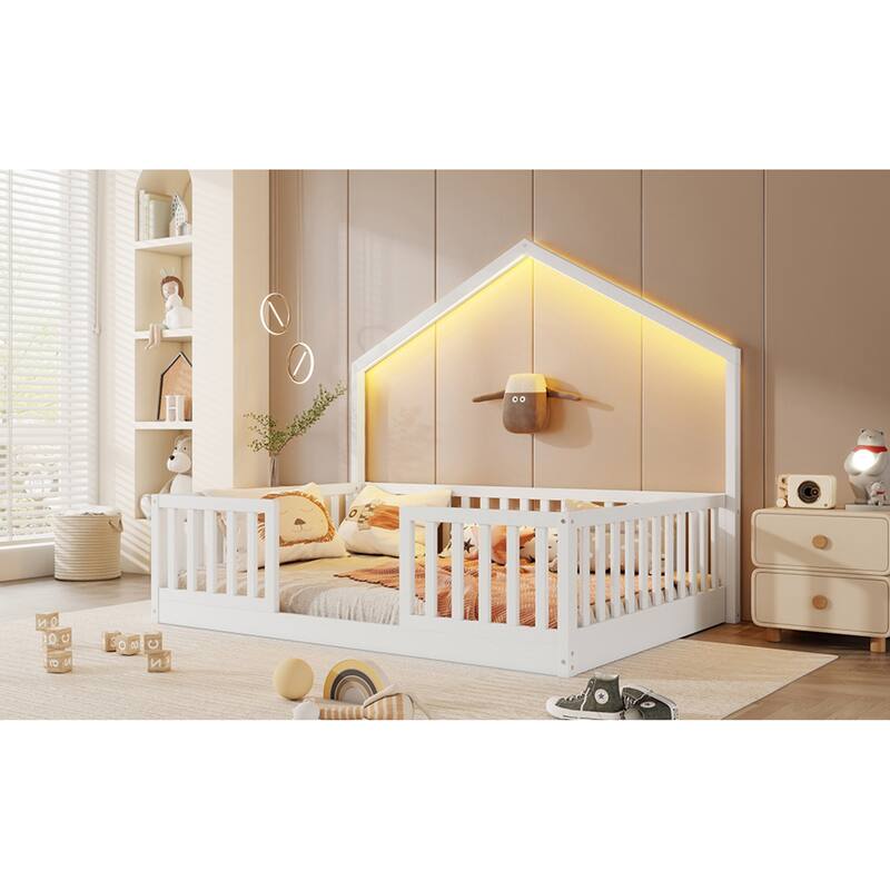 Roomfitters Twin/Full Floor Platform Bed, House Frame and LED Light with Wooden High Rails for Bedrooms or Guest Rooms