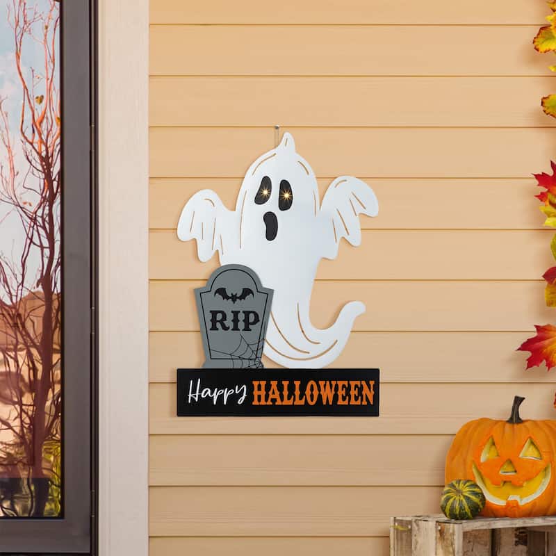 Glitzhome Halloween LED Ghost Cat Pumpkin Nutcracker Yard Stakes Standing Sign Hanging Decor