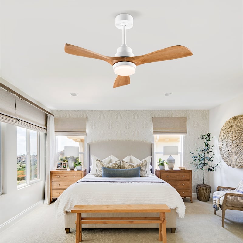42 Inch Modern Ceiling Fan With 3 Color Dimmable 3 Solide Wood Blades Remote Control Reversible DC Motor With LED Light