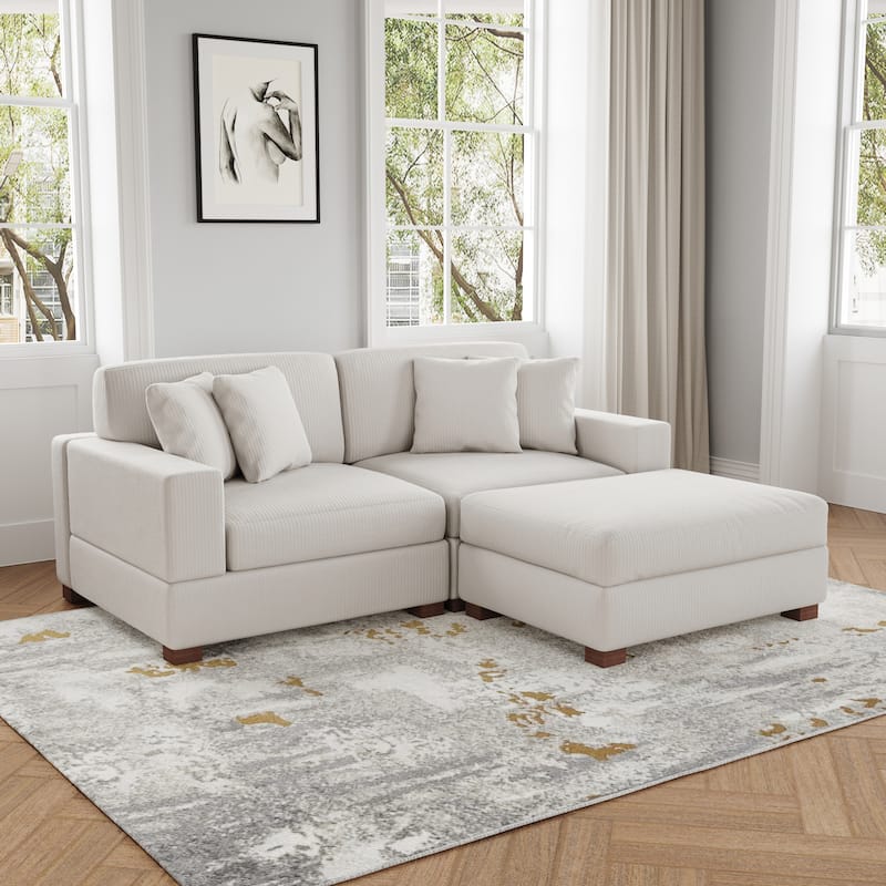 Ella 82" W/ 118" W Corduroy Modular Sectional Sofa with Ottoman