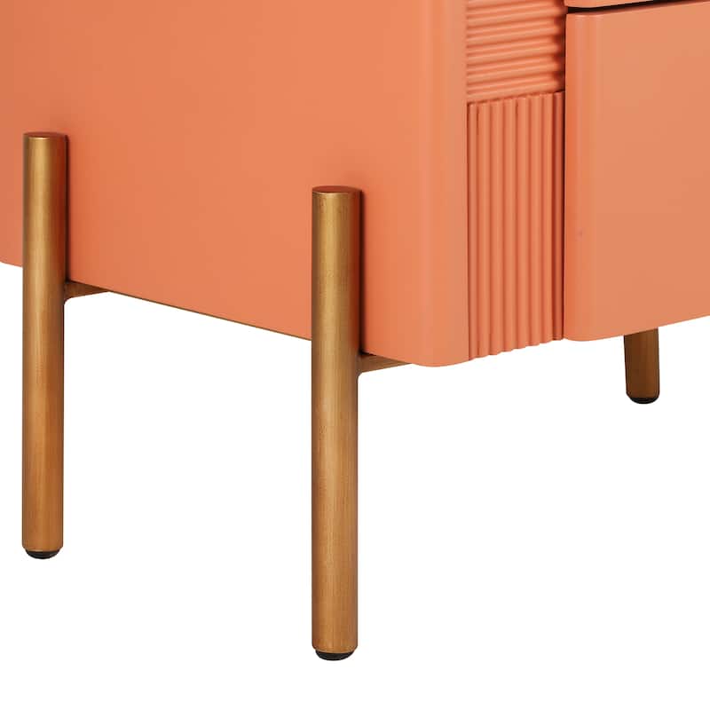 Modern Nightstand with 2 Storage Drawer, Fluted Bedside Table with Golden Metal Handles and Legs
