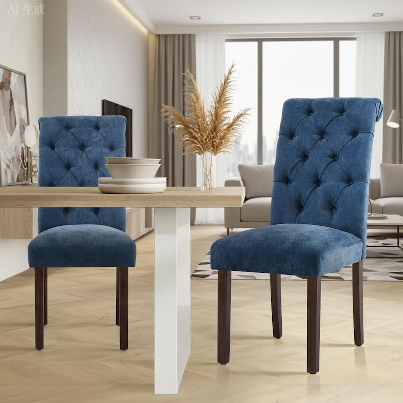 Modern Tufted Fabric Dining Chairs – Stylish Parsons Side Chairs with Padded Seat & Wood Legs,Set of 2/4/6 - Set of 2 - Blue