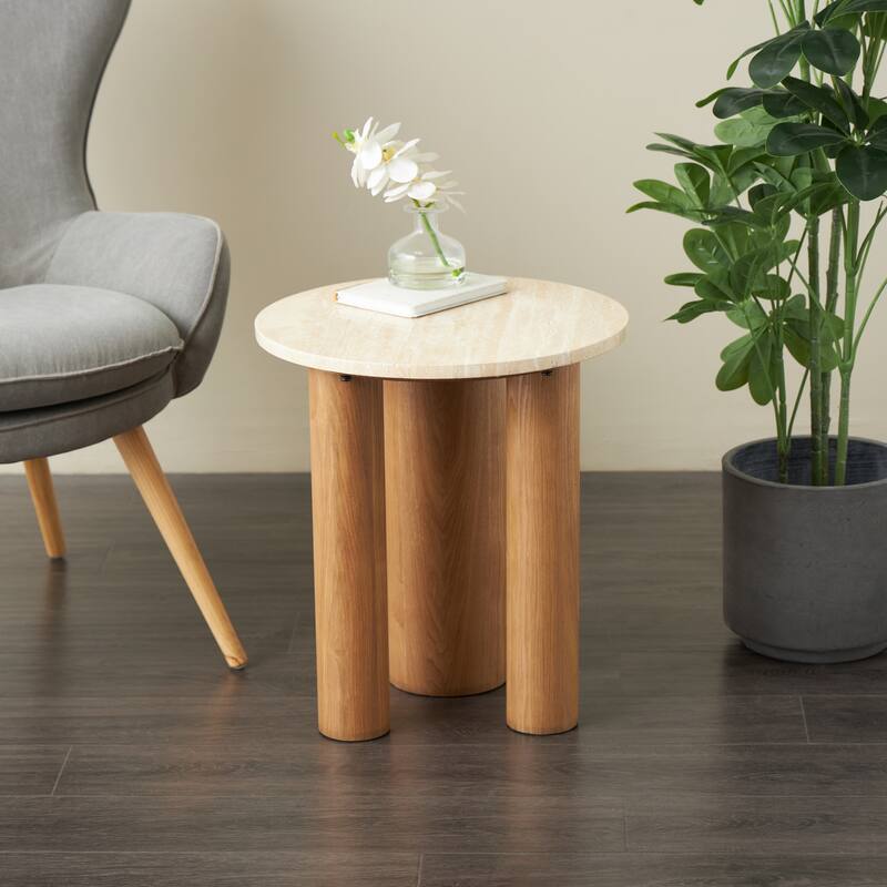 Wood Accent Table with Beige Round Marble Tabletop - Brown - Roche River Decor