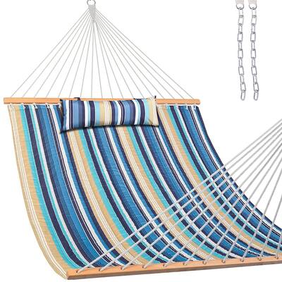 Lazy Daze 12 FT Quilted Fabric Double Hammock with Spreader Bars and Detachable Pillow,2 Person Hammock,450 LBS