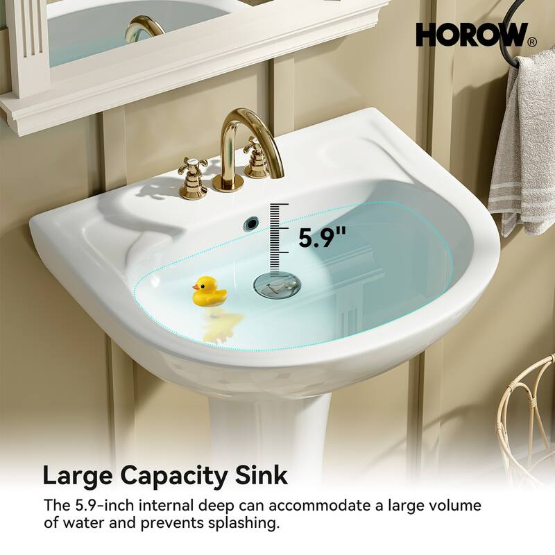 HOROW 21.7 in. W x 18.5 in. D Round Ceramic Pedestal Combo Bathroom Sink in White with Overflow Drain