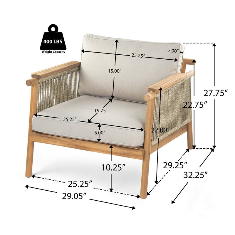 Roomfitters Sumbawa Outdoor Acacia Wood Club Chairs with Rope Woven Arms, Teak Finish
