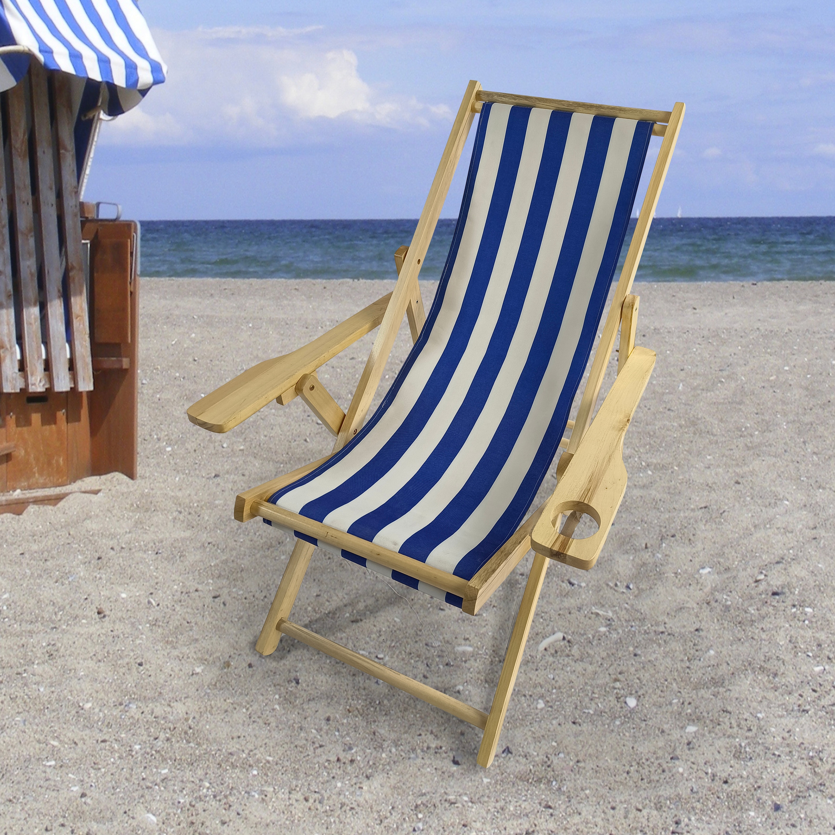 Beach Chair Stripe with Cup Holder - Natural+ Dark Blue+White