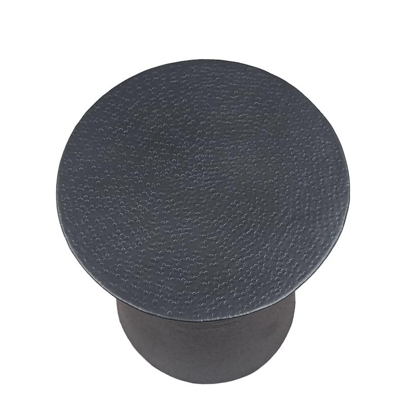 Josi 21 Inch Round Side End Table, Handcrafted Hammered Design, Drum Pedestal Aluminum Base, Matte Black