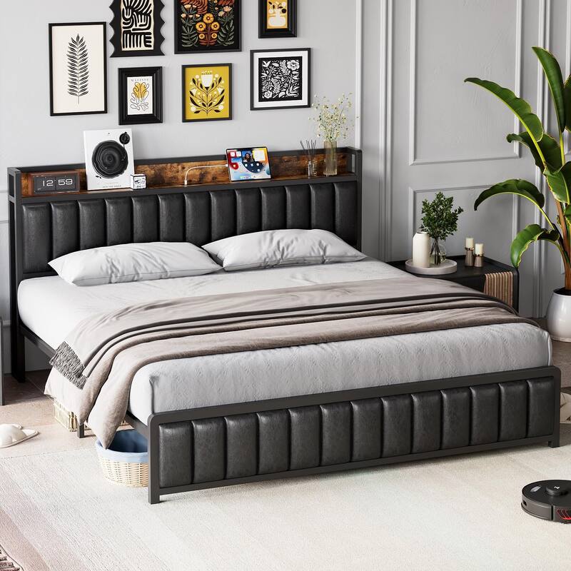 Upholstered Bed Frame with Charging Station